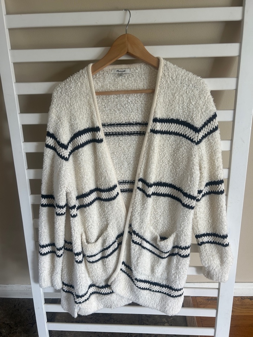 Madewell Striped Bouclé Cardigan Wool Blend Sweater Size Small Black and White